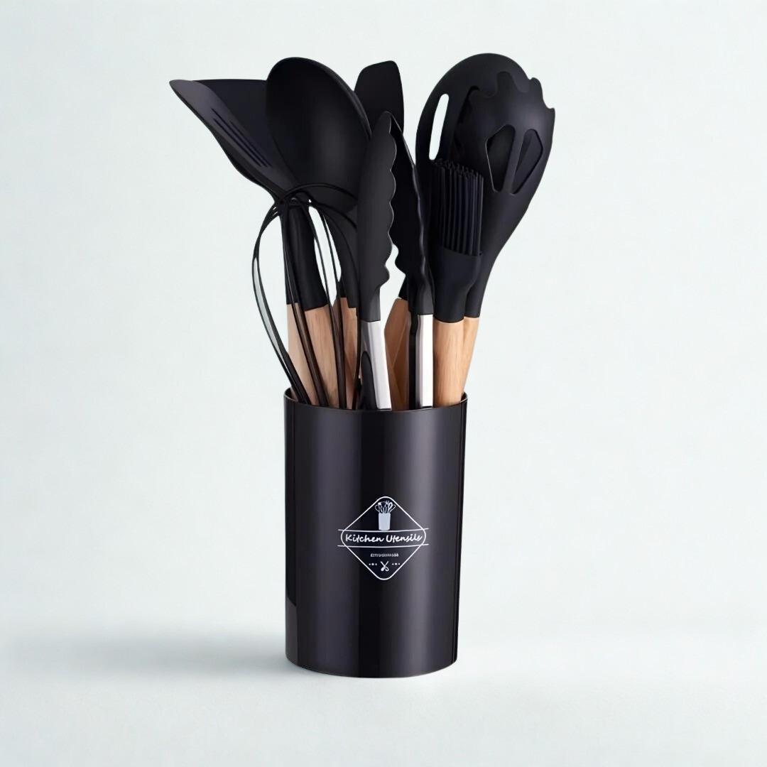The Rivve 12-Piece Silicone Kitchen Utensil Set with Wooden Handles