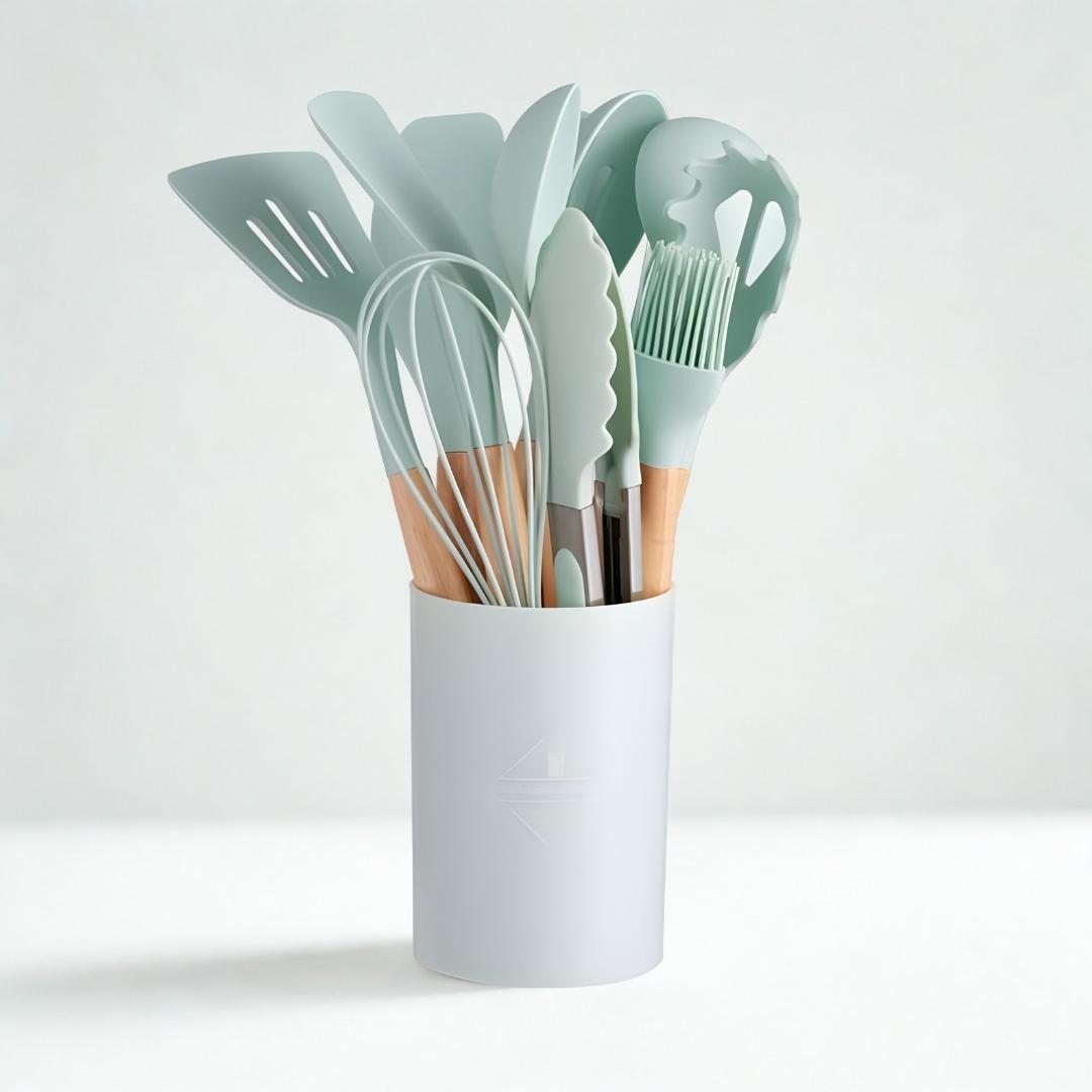 The Rivve 12-Piece Silicone Kitchen Utensil Set with Wooden Handles