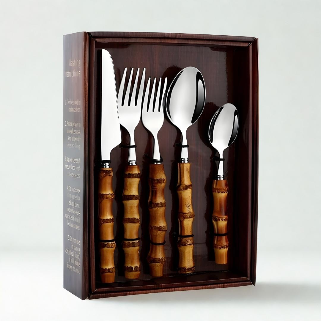 The Rivve 304 Stainless Steel Cutlery Set with Bamboo Handle (20/24 pcs)
