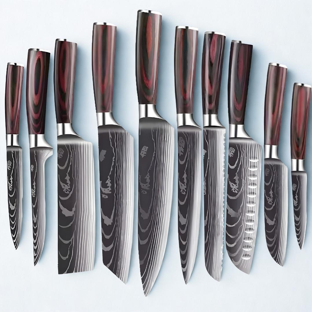 The Rivve Damascus Pattern Chef Knife Set with Laser Etching
